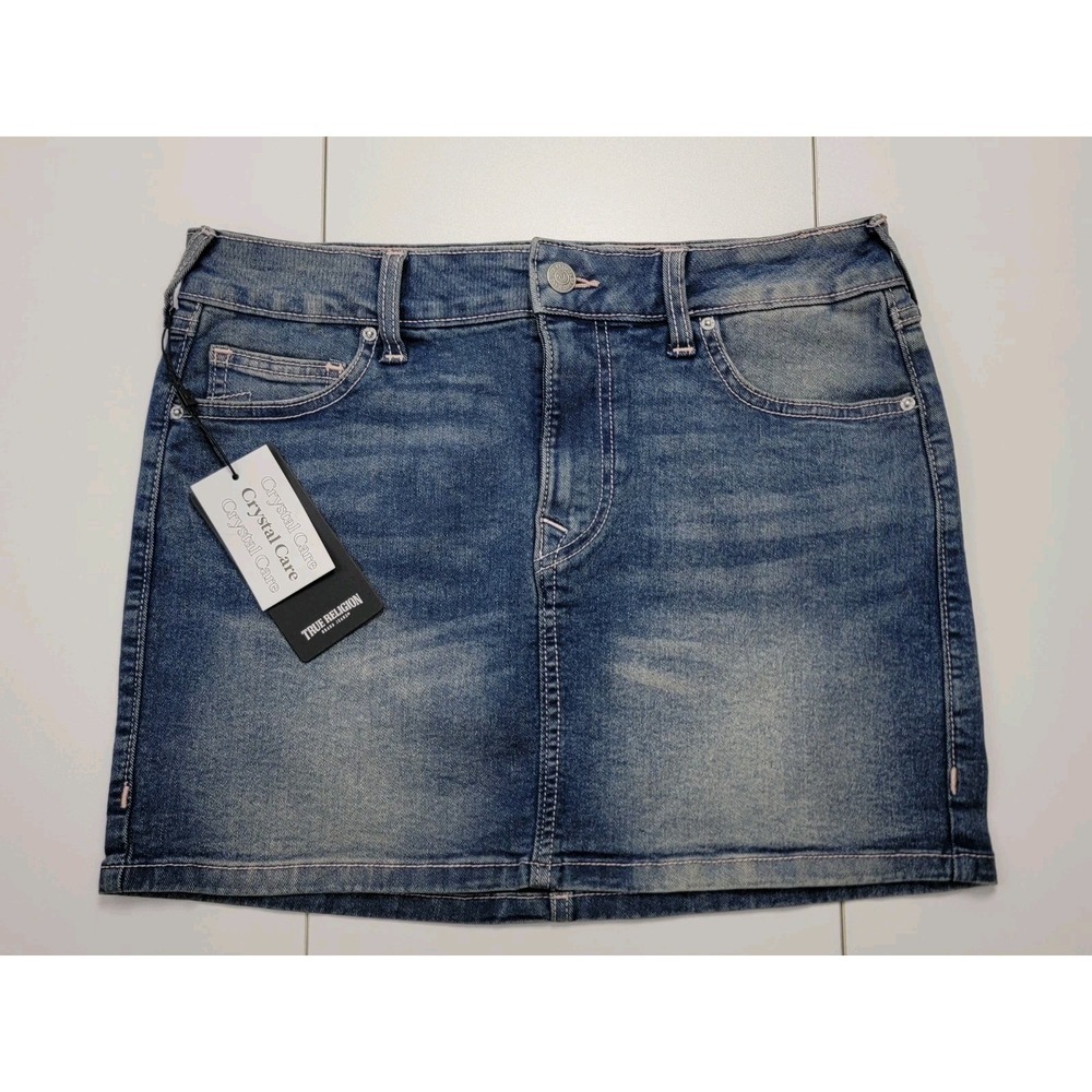 True Religion Denim Crystal Mini Skirt in Medium Blue Quartz Wash, Size 27 New